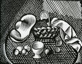 Dimitris Galanis, Table with basket and hat, 1919-20 (?), woodcut, 7.3 x 9.5 cm