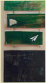 Yannis Stefanakis, Paper dart, 2001, acrylics and collage on sea wood, 155 x 85 cm